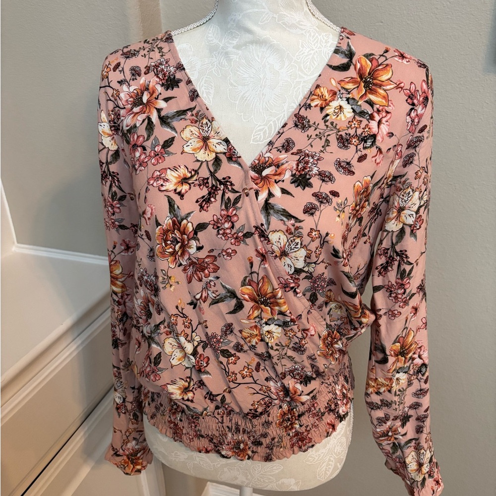 Pink Wrap Blouse with V-Neck and Long Sleeves